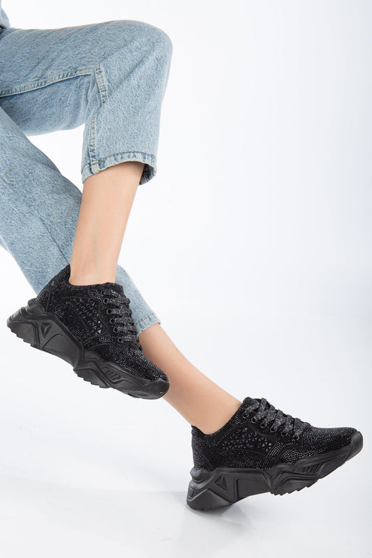 Yüksek Taban Taşlı Kadın Sneaker - Siyah