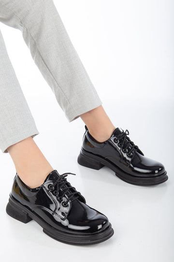 Oxford Bağlı Kadın Ayakkabı Rugan - Siyah